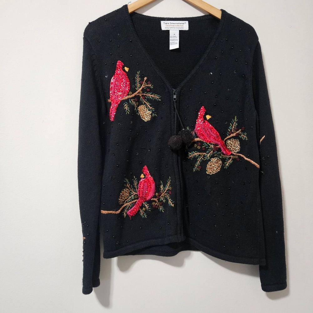 Tiara International Christmas Cardinal Zip Up Cardigan Sweater Black Sequin Med